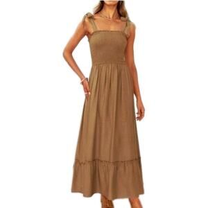 Zesica M Maxi Dress With Tie Shoulder Straps Tan Brown Neutral Minimalist New